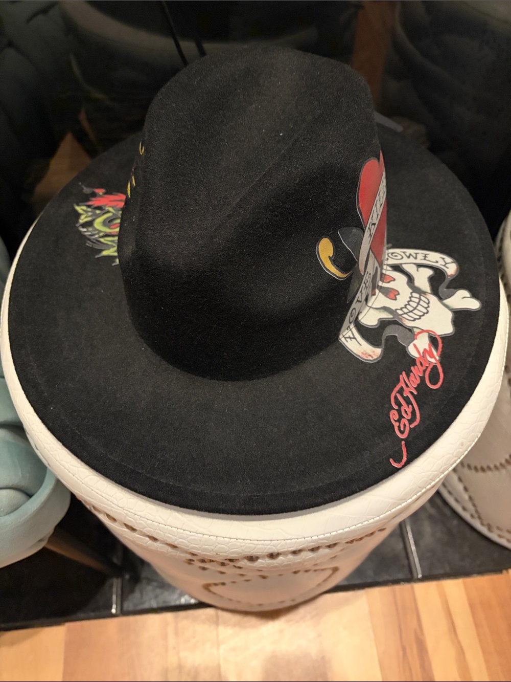 Ed Hardy Black Felt Fedora with Skull & Heart Graphics